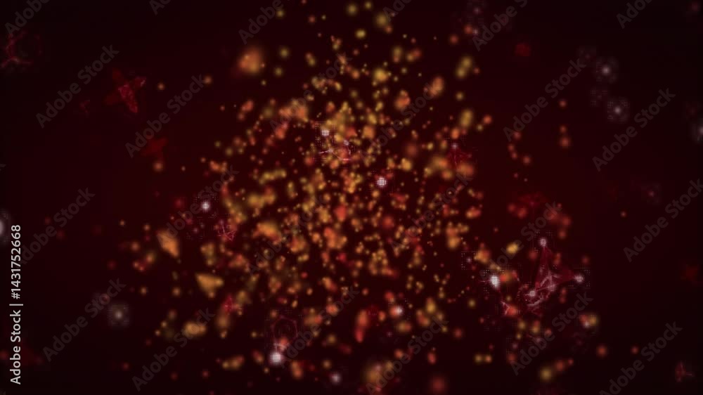 Poster central cluster of glowing particles swirling in red 3d render, with filaments and highlight nodes