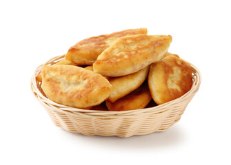 Delicious fried pyrizhky (stuffed pies) isolated on white