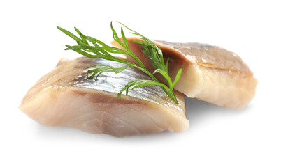 Pieces of delicious herring with dill isolated on white