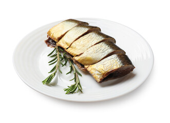 Smoked herring and rosemary on white background