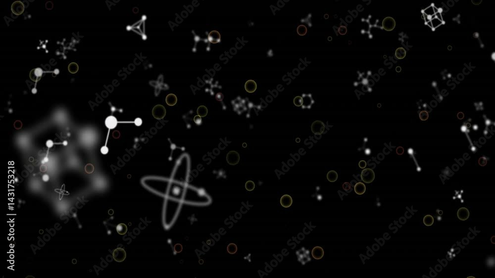 Poster molecular structures being visualized in dark space, with atomic orbit icons and glowing bubbles