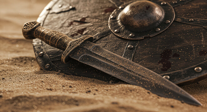 Roman Gladiator Weapons, Close up of a pugio a short, sharp Roman dagger, next to a studded Roman shield.