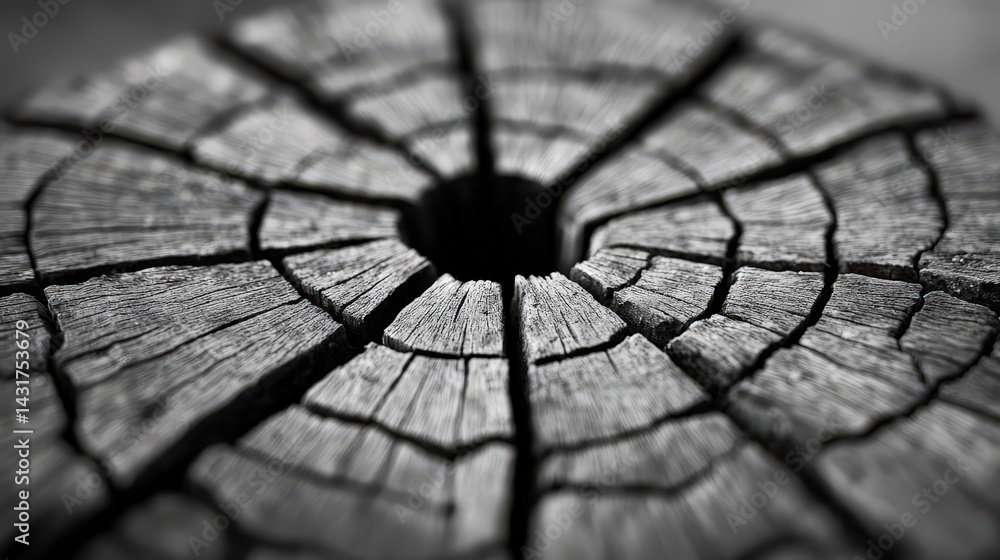Aufkleber close-up of a textured tree stump showing intricate patterns and cracks, highlighting the natural be