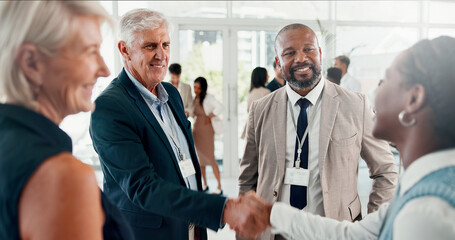 Conference, handshake and welcome with business people at event for global forum, investor summit...