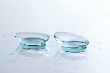Pair of contact lenses and water drops on white mirror surface, closeup