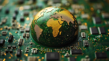 A 3D circular globe formed from circuit board microchips symbolizes the interconnected digital world, the global impact of electronics, and the core role of technology in modern civilization.

