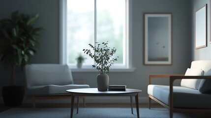 Fototapeta premium Muted tones create a tranquil living room ambiance.