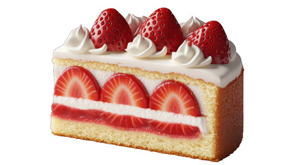 Rectangular strawberry shortcake slice with whipped cream topping isolated