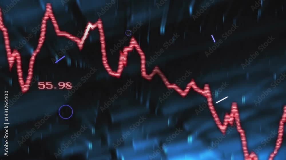 Poster red jagged line graph animating across data display, showing pixel label with purple glowing trails
