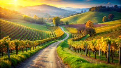 Fototapeta premium Miniature Vineyard Landscape: Sunlit Path Through Rolling Hills & Grapevines