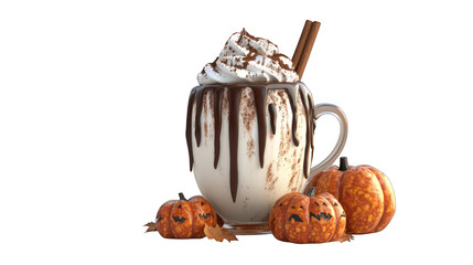 Spiced whipped drink with chocolate and pumpkins isolated