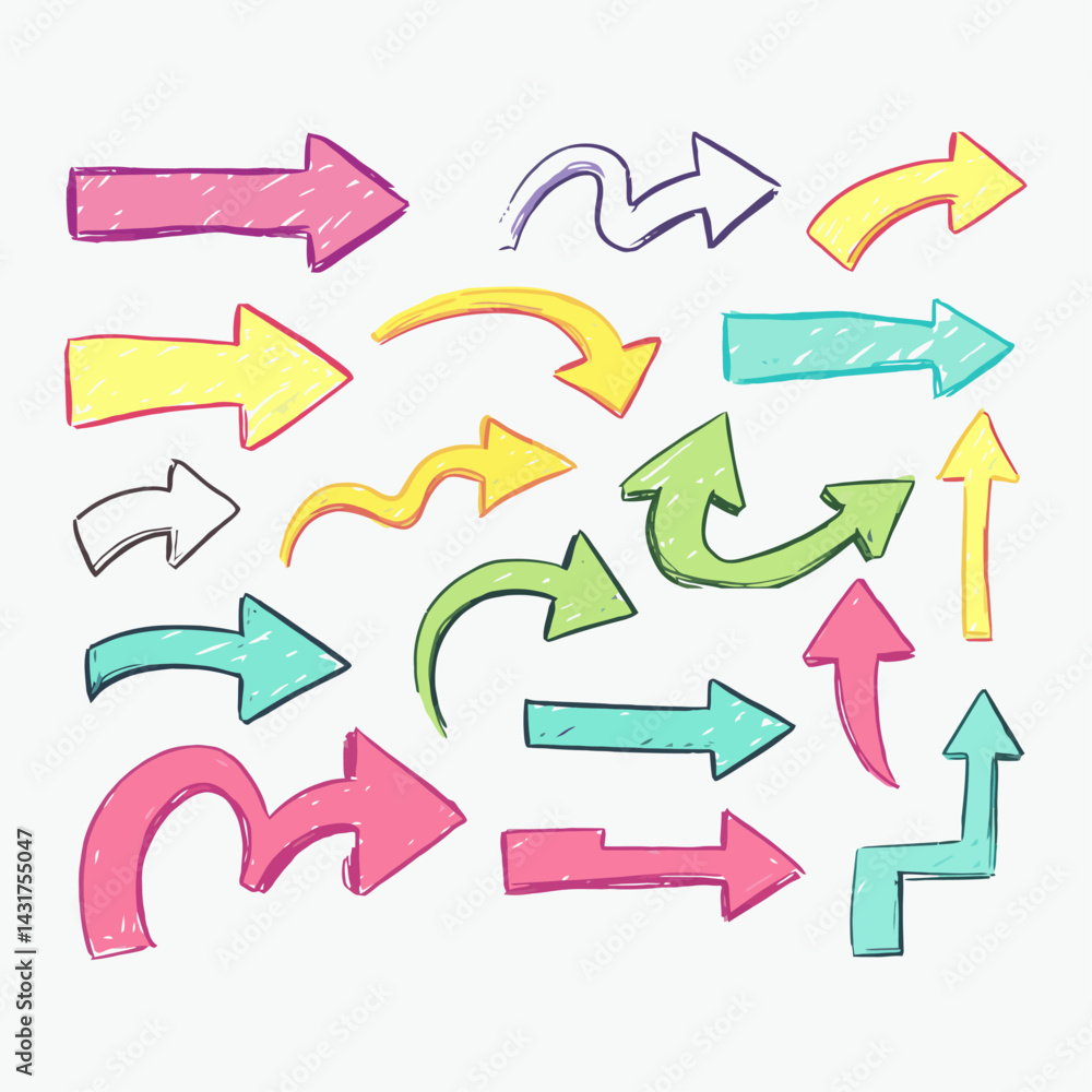Poster colorful hand drawn arrows pointing in different directions on a gray background pattern design vect