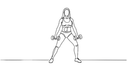 Outline of a woman lifting dumbbells in a strong pose in a minimalist style
