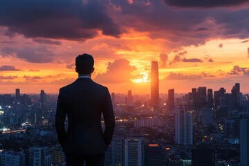 Plakat Businessman watching city skyline at sunset