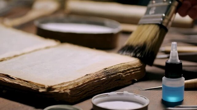 Applying liquid with a brush to the pages of an old, vintage book during a restoration process. Concepts: craft, history, bookbinding, antique repair.