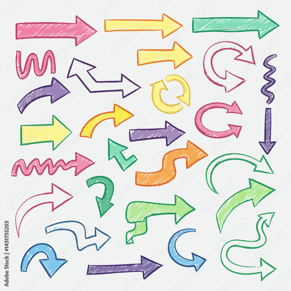 Poster a collection of colorful hand drawn arrows pointing in different directions on a light gray backgrou