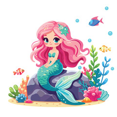 Illustration of a Beautiful mermaid girl with beautiful eyes sitting on a rock with sea plants and fish. Vector Illustration on white background in Flat style