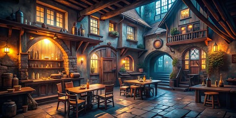 Obraz premium Minimalist 3D Render: Medieval Inn Tavern & Rooms - Urban Exploration Photography Style