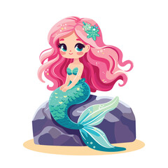 Illustration of a Beautiful mermaid girl with beautiful eyes sitting on a rock on white background. Vector Illustration. Flat style