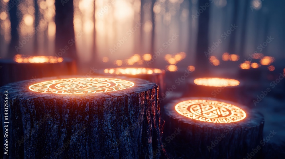 Poster a mystical forest scene featuring illuminated tree stumps with intricate designs, creating an enchan
