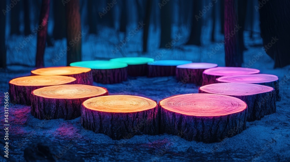 Poster A colorful arrangement of illuminated tree stumps in a dark forest setting, creating a mystical and enchanting atmosphere.