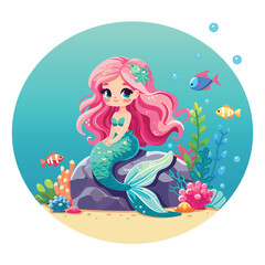 Illustration of a Beautiful mermaid girl with beautiful eyes sitting on a rock. Poster, Banner, Flyer, Greeting Card. Vector Illustration on white background in Flat style