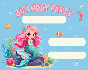 Birthday invitation with beautiful mermaid girl with beautiful eyes sitting on a rock with sea plants and fish. Vector Illustration on blue background in Flat style