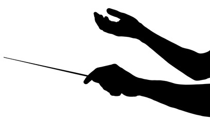 Silhouette of conductor with baton on white background, closeup