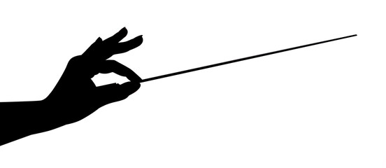 Silhouette of conductor with baton on white background, closeup