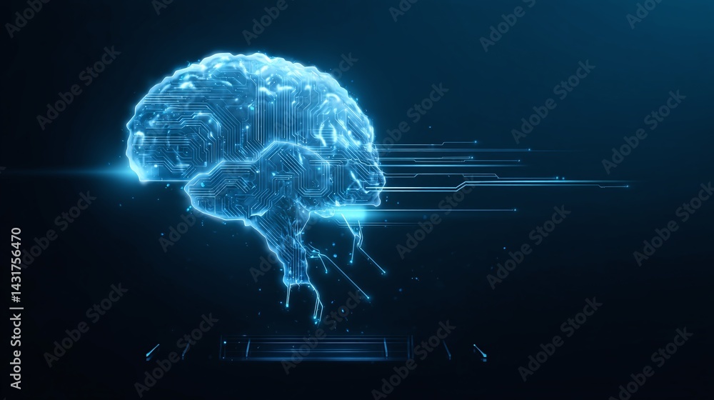 Poster digital mind: a mesmerizing abstract illustration depicting a glowing blue brain composed of interco