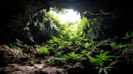 Fototapeta premium Dark cave opening into lush, verdant foliage