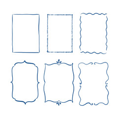 Set of elegant blue whimsical hand-drawn frames in trendy, vintage styles. Perfect for quirky holiday, wedding, bachelorette invitation. Vector illustration