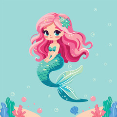 Illustration of a Beautiful mermaid girl with beautiful eyes in the sea on blue background. Vector Illustration. Flat style