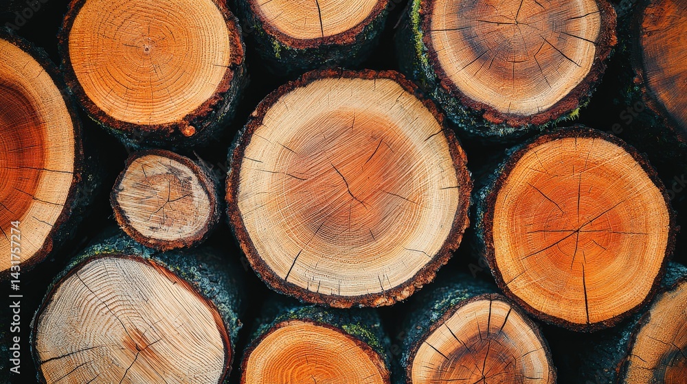 Poster a close-up view of freshly cut tree logs, showcasing their rich texture and natural patterns in a ci