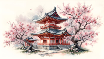 Obraz premium Temple in Asian style. Watercolor painting of a Chinese temple among flowering cherry trees. A temple for prayer. 