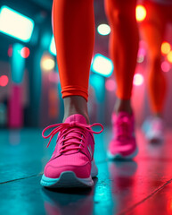 Bright pink athletic shoes stride forward on a polished surface, illuminated by vibrant neon lights in a modern gym. The energetic atmosphere reflects a commitment to fitness.