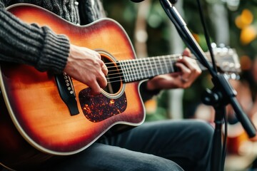 Obraz premium Man playing acoustic guitar at outdoor concert