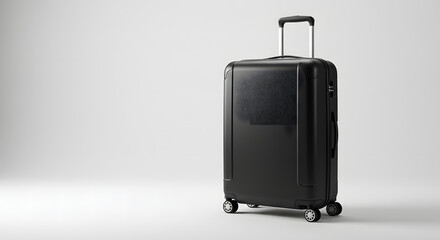 A stylish, black suitcase stands isolated on a white background, ready for travel.