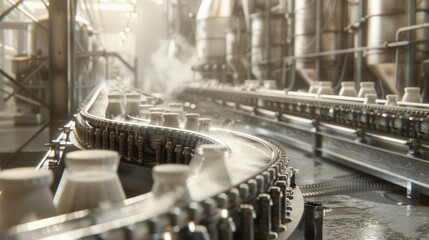 Milk bottles on a production line in a factory. Milk bottle or milk package with milk was conveyed by conveyor belt in production lines at milk factory. Industrial photography for poster. AIG51.