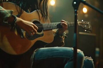 Naklejka premium Woman playing acoustic guitar at live concert