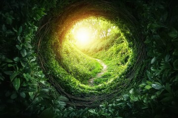 Mystical path through lush greenery. Sunlight bursts from hidden tunnel