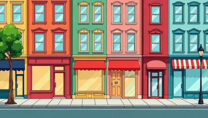 Obraz premium Colorful thin line store facades illustrations, graphic, city, market
