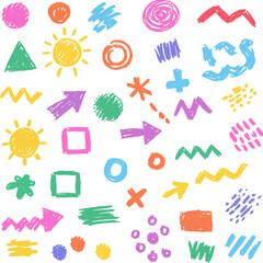 Crayon pencil vector set. Color lines and shapes with brush texture. Doodle paint background with chalk hand drawn elements. Sketch kid scribble, abstract children bg. Crayon shape, arrow circle heart