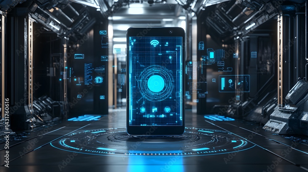 Poster futuristic smartphone with holographic interface displayed in a sci-fi corridor. cyberpunk aesthetic