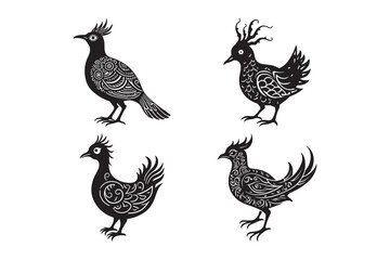 Decorative Bird Silhouette Vector Set Ornamental Folk Art Style Clipart Collection