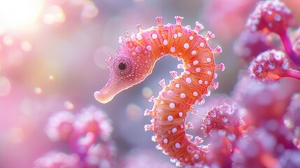 Fototapeta premium Delicate pink seahorse in coral