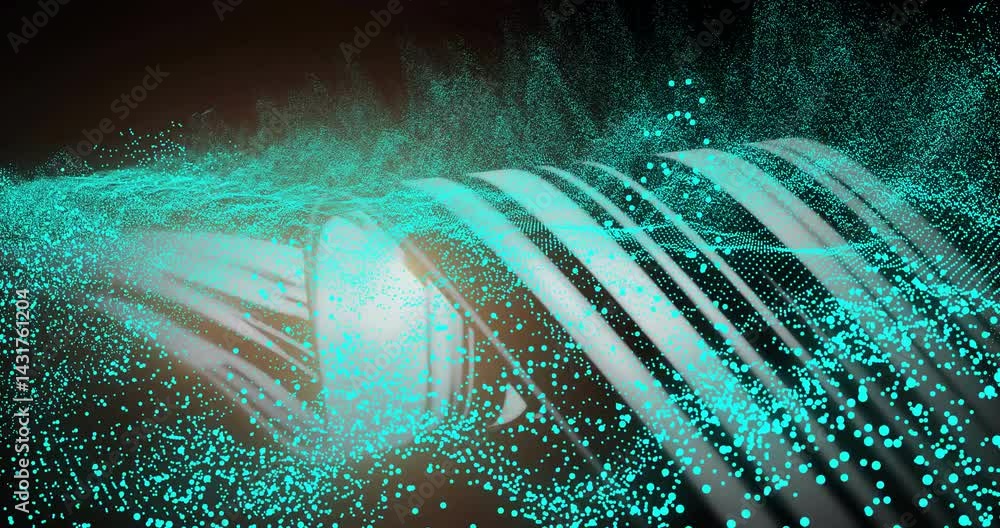 Poster 3d render showing turquoise particles flowing across wave mesh, floating spheres above dark field