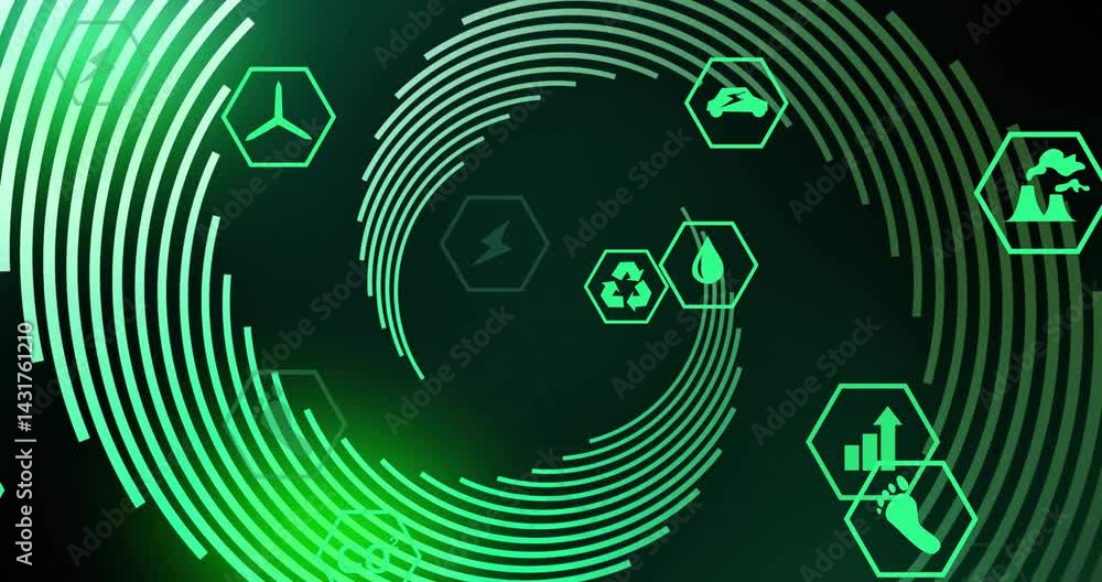 Poster central neon green data visual being animated in interface with flat glowing hexagon energy icons