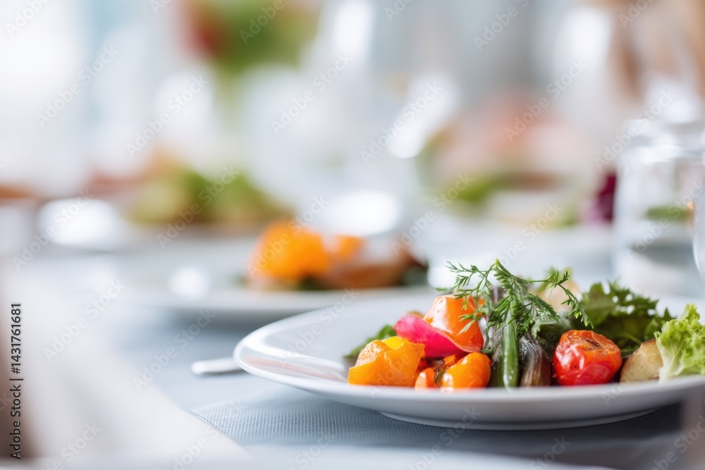 Poster minimalistic display of vibrant vegetable dishes on clean table setting with people in blurred backg