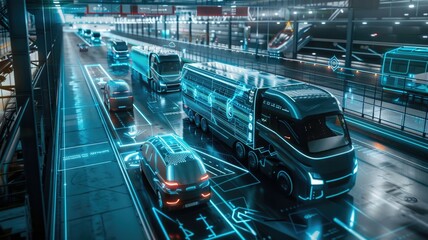 A futuristic transportation hub where humans and AI manage logistics and transportation systems. AI robots assist with loading and unloading cargo, while AI interfaces help travelers with navigation